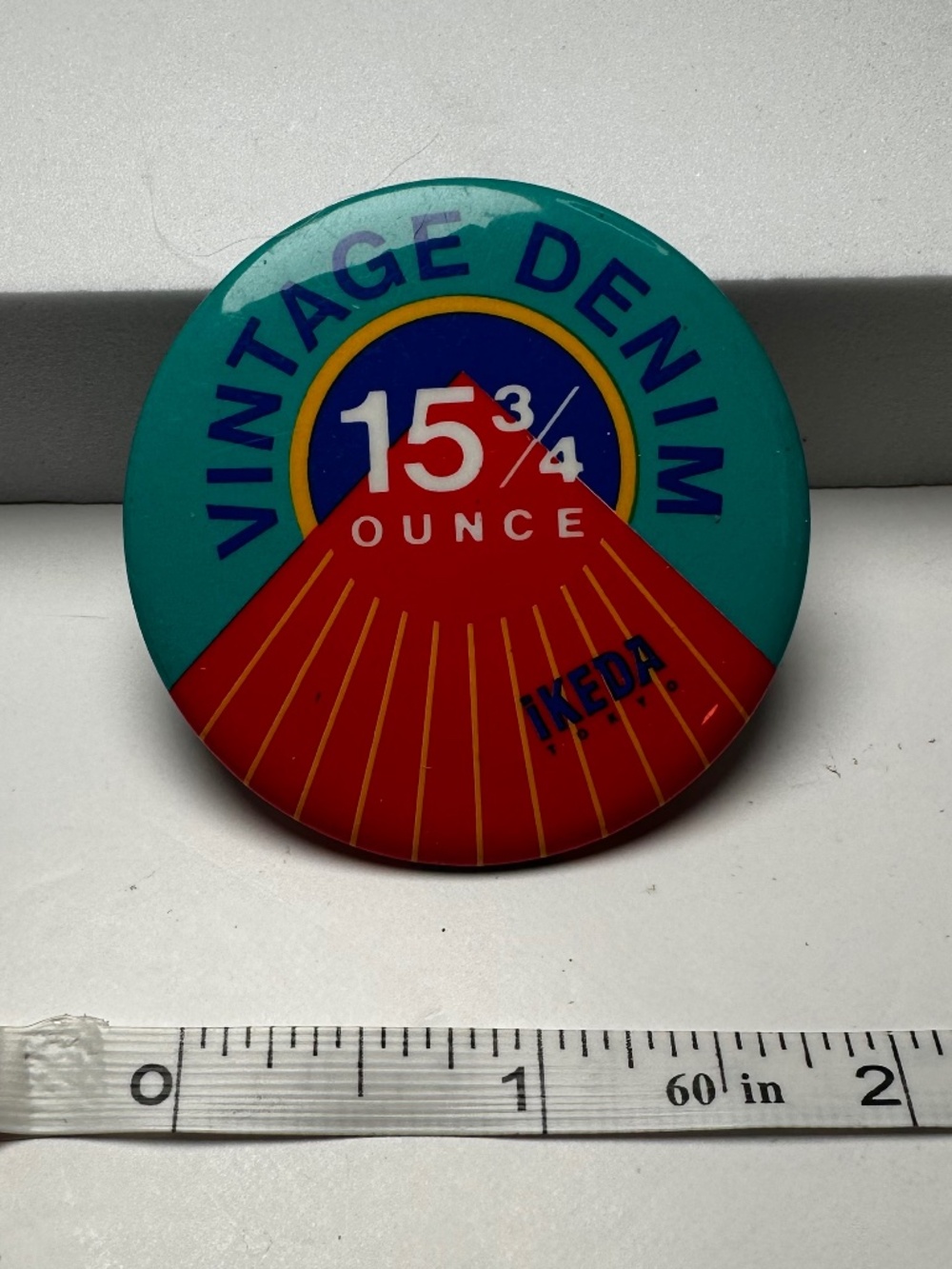 Vintage IKEDA Denim 15¾ Ounce Advertising Pinback Button 1990s Canada